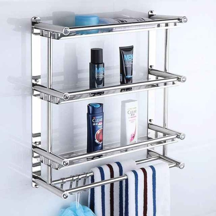 Wall Mounted Towel Rack Bathroom Storage Shelf 3 Tier Shower Room Storage Shelf Stainless Steel Rack Bathroom Storage Rack