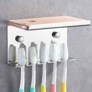 Multifunction Toothbrush Holder with Mobile Phone Storage Shelf Stainless Steel Wall Mounted Silvery 1pc