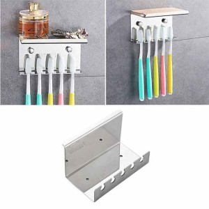 Multifunction Toothbrush Holder with Mobile Phone Storage Shelf Stainless Steel Wall Mounted Silvery 1pc