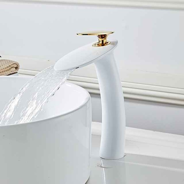 Waterfall Bathroom Sink Faucet with Supply Hose,Single Handle Single Hole Vessel Lavatory Faucet,Slanted Body Basin Mixer Tap Tall Body Commercial