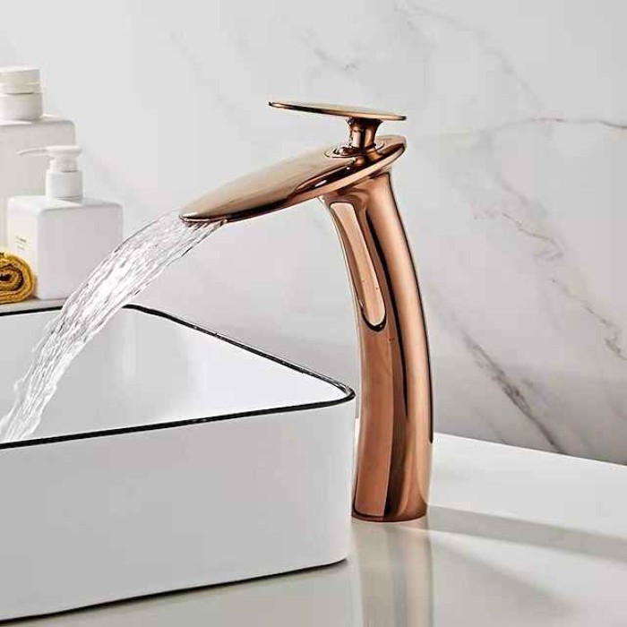 Waterfall Bathroom Sink Faucet with Supply Hose,Single Handle Single Hole Vessel Lavatory Faucet,Slanted Body Basin Mixer Tap Tall Body Commercial