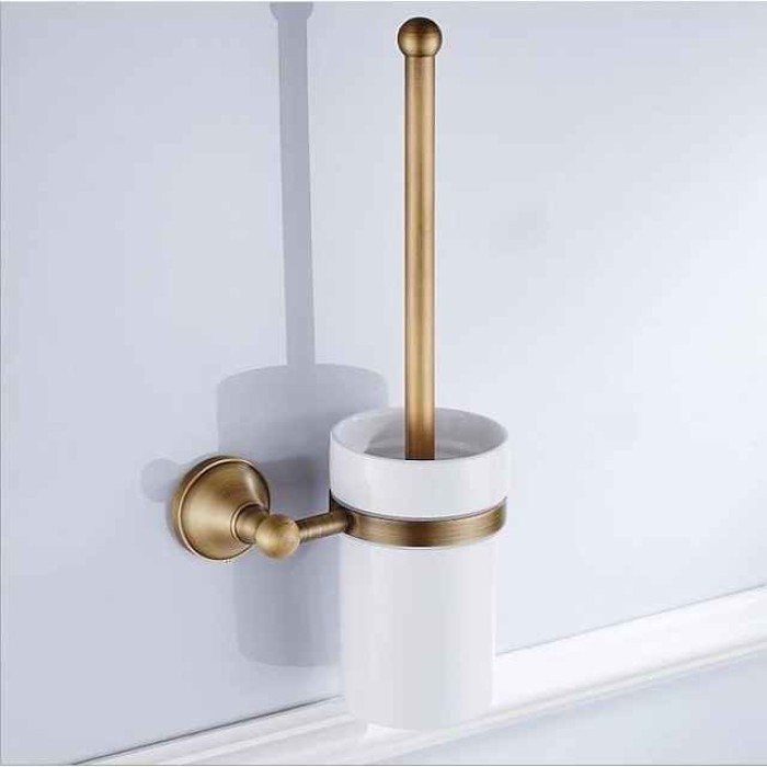 Toilet Brush with Holder,Antique Brass Ceramics Wall Mounted Rubber Painted Toilet Bowl Brush and Holder for Bathroom