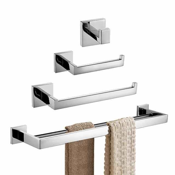 Bathroom Hardware Set 4 Pieces, SUS304 Stainless Steel Wall Mounted Bathroom Accessories, Include Robe Hook, Toilet Paper Holder, Towel Holder, Towel Bar