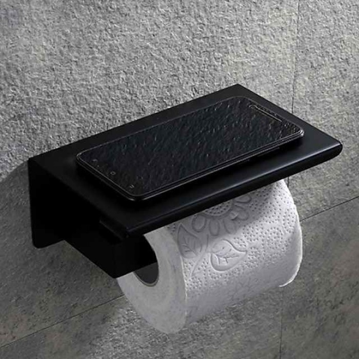 Toilet Paper Holder Wall Mounted Bathroom Tissue Roll Hanger Stainless Steel with Mobile Phone Storage Shelf Matte Black 1pc