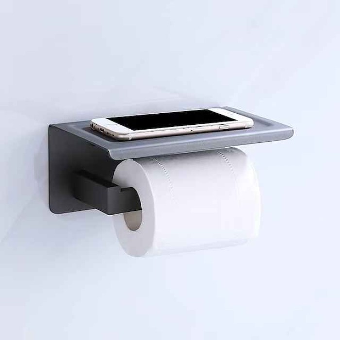 Toilet Paper Holder Wall Mounted Bathroom Tissue Roll Hanger Stainless Steel with Mobile Phone Storage Shelf Matte Black 1pc