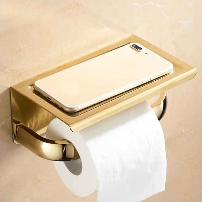 Toilet Paper Holder With Phone Shelf Polished, 304 Stainless Steel Bathroom Accessories Tissue Roll Dispenser Storage Wall Mounted