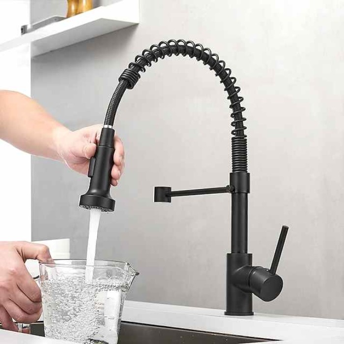 Kitchen Sink Mixer Faucet with Pull Out Sprayer, 360 swivel High Arc Single Handle Spring Pull Down Kitchen Taps Deck Mounted, One Hole Brass Kitchen Sink Faucet Water Vessel Taps