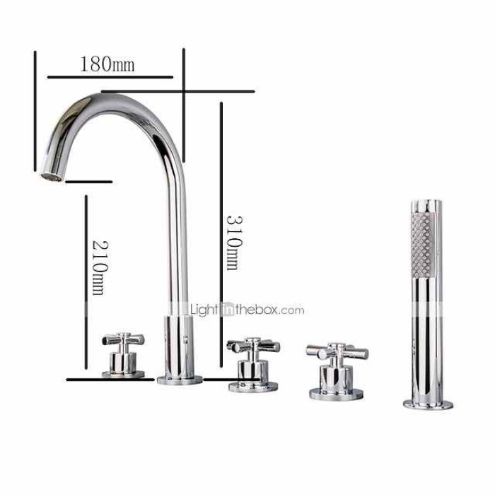 Bathtub Faucet 5 Hole Bathroom Tub Taps Deck Mounted, 3 Handle Sink Mixer Hot and Cold Bathroom Shower Faucets with Handshower Handheld Tap