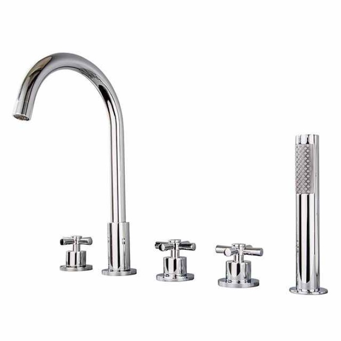 Bathtub Faucet 5 Hole Bathroom Tub Taps Deck Mounted, 3 Handle Sink Mixer Hot and Cold Bathroom Shower Faucets with Handshower Handheld Tap