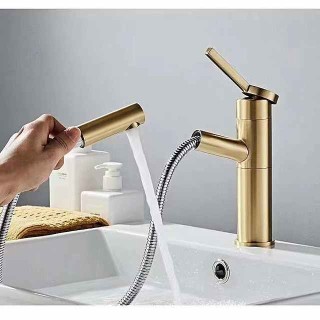 Bathroom Sink Faucet with Pull-out Spray,Brushed Gold Single Handle One Hole Brass Faucet Spout With Hot and Cold Water