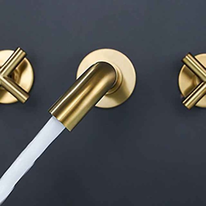 Wall Mount Bathroom Sink Mixer Faucet, Washroom Basin Brushed Gold Faucet Brass Basin Mixer Taps and Rough in Valve Included with Double Handle for Vessel Water Tap