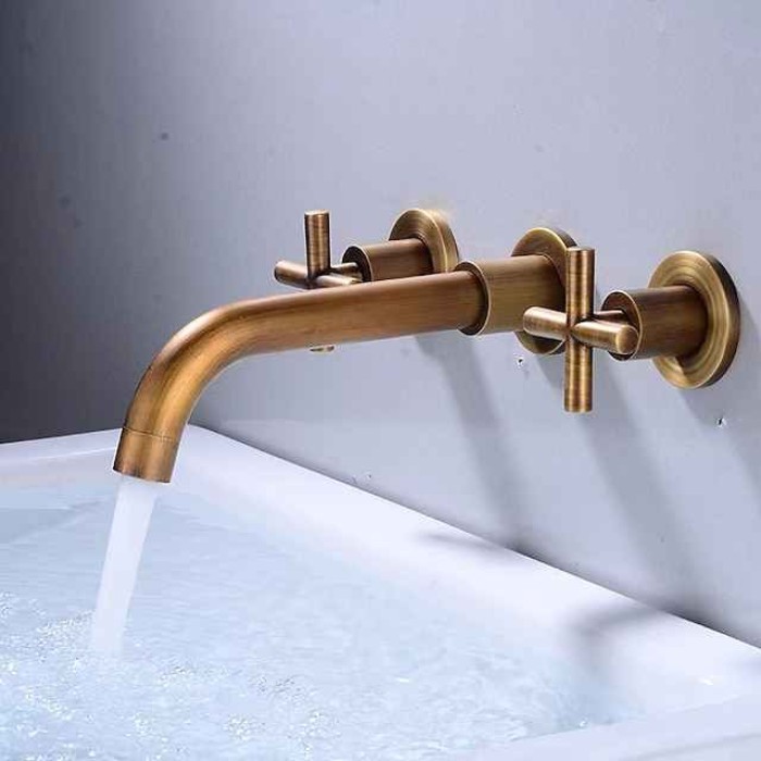 Wall Mount Bathroom Sink Mixer Faucet, Washroom Basin Brushed Gold Faucet Brass Basin Mixer Taps and Rough in Valve Included with Double Handle for Vessel Water Tap