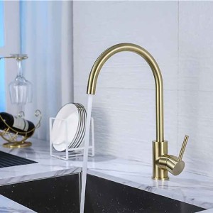 Kitchen Sink Mixer Faucet Brushed Gold Deck Mounted , 360 Swivel Single Handle Vessel Kitchen Brass Taps with Cold and Hot Water Hose