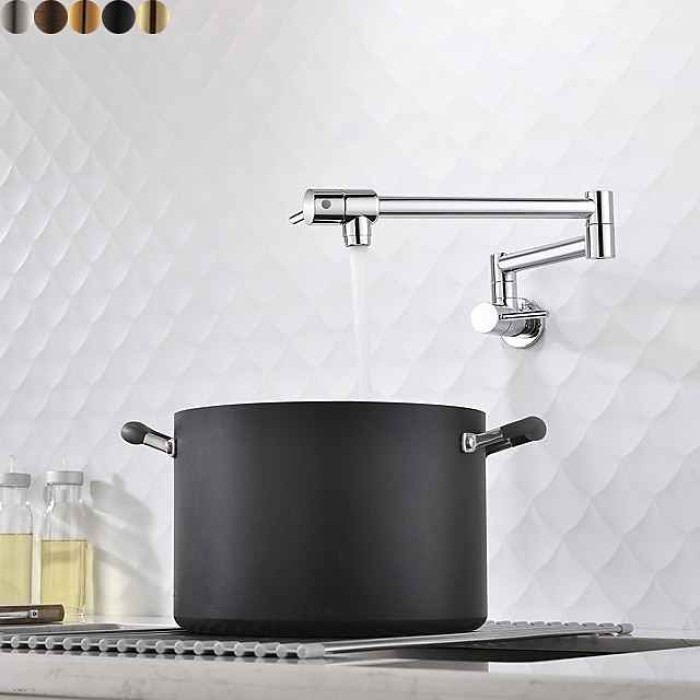 Kitchen Faucet,Wall Mounted Pot Filler Two Handles One Hole Chrome/Oil-rubbed Bronze/Brushed Foldable Pot Filler Wall Mounted Contemporary Kitchen Taps with Cold Water Only