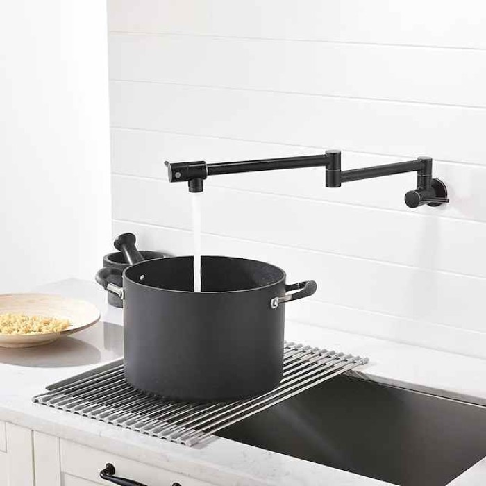 Kitchen Faucet,Wall Mounted Pot Filler Two Handles One Hole Chrome/Oil-rubbed Bronze/Brushed Foldable Pot Filler Wall Mounted Contemporary Kitchen Taps with Cold Water Only