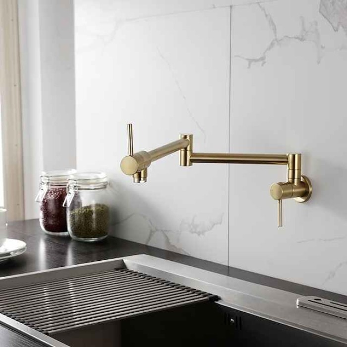 Kitchen Faucet,Wall Mounted Pot Filler Two Handles One Hole Chrome/Oil-rubbed Bronze/Brushed Foldable Pot Filler Wall Mounted Contemporary Kitchen Taps with Cold Water Only