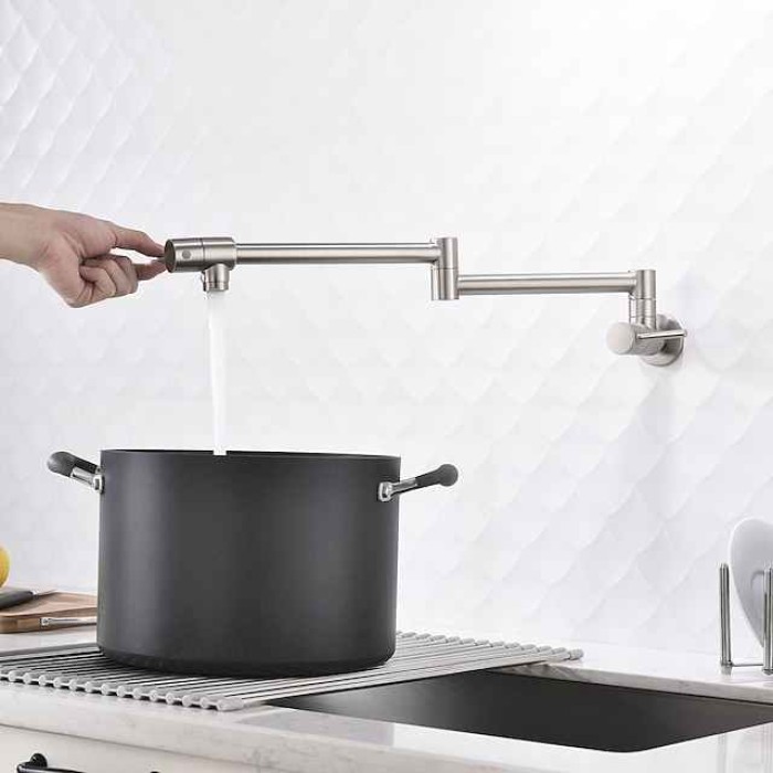 Kitchen Faucet,Wall Mounted Pot Filler Two Handles One Hole Chrome/Oil-rubbed Bronze/Brushed Foldable Pot Filler Wall Mounted Contemporary Kitchen Taps with Cold Water Only