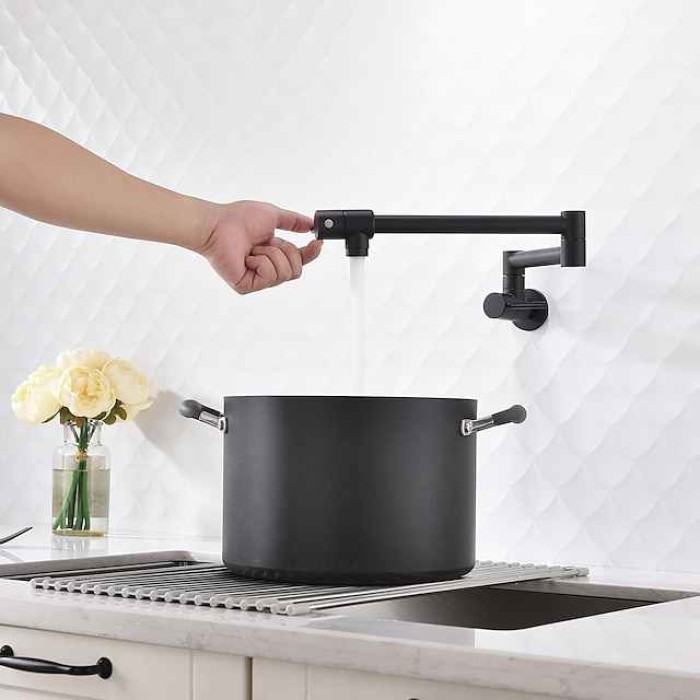 Kitchen Faucet,Wall Mounted Pot Filler Two Handles One Hole Chrome/Oil-rubbed Bronze/Brushed Foldable Pot Filler Wall Mounted Contemporary Kitchen Taps with Cold Water Only