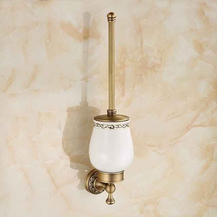 Toilet Brush with Holder,Antique Brass Ceramics  Wall Mounted Rubber Painted Toilet Bowl Brush and Holder for Bathroom