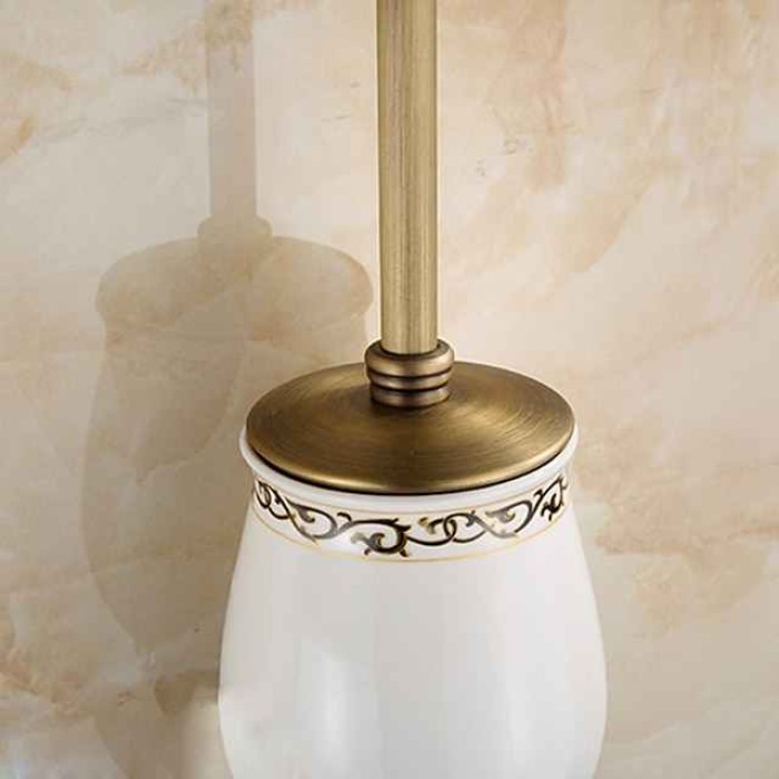 Toilet Brush with Holder,Antique Brass Ceramics  Wall Mounted Rubber Painted Toilet Bowl Brush and Holder for Bathroom