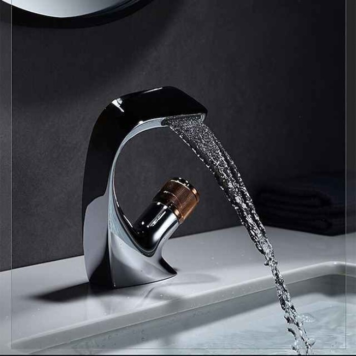 Bathroom Sink Faucet, Brass Waterfall Mixer Basin Taps Chrome Finish Single Handle One Hole Bath Tap with Hot and Cold Hose