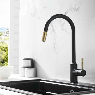 Kitchen Sink Mixer Faucet Pull Out, 360 swivel Single Lever Handle Brushed Solid Brass Taps Cold Hot Hose, One Hole with Pull Down Sprayer Black Gold Faucets