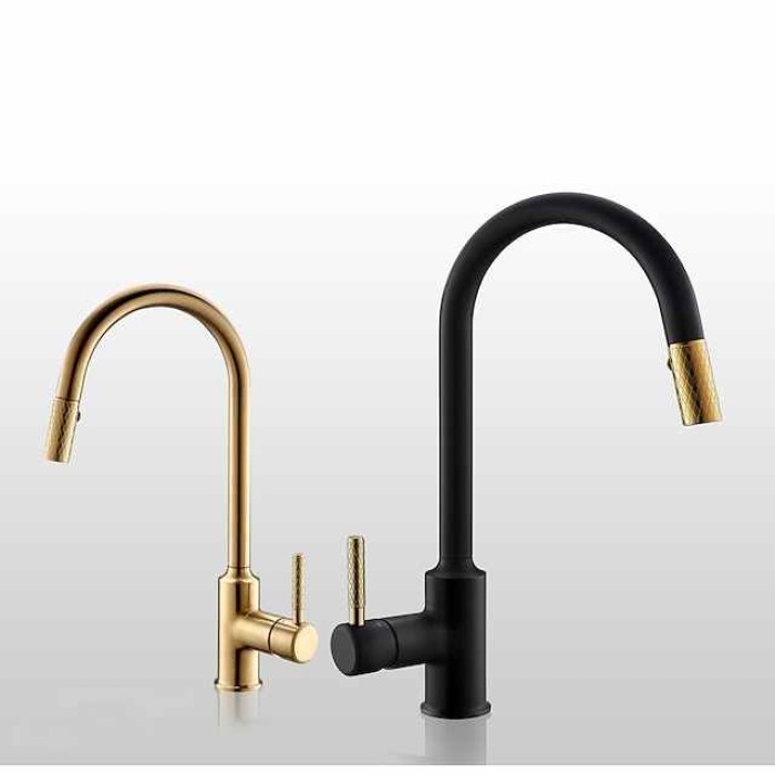 Kitchen Sink Mixer Faucet Pull Out, 360 swivel Single Lever Handle Brushed Solid Brass Taps Cold Hot Hose, One Hole with Pull Down Sprayer Black Gold Faucets