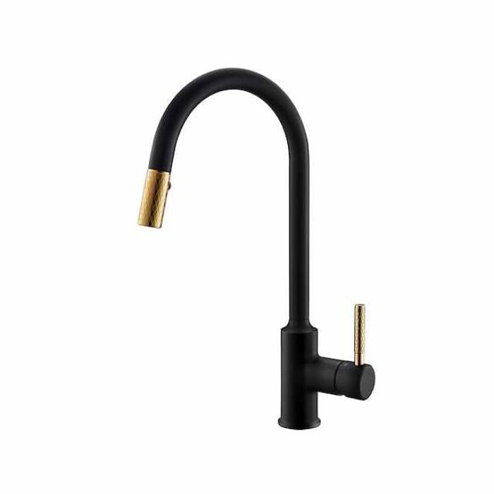 Kitchen Sink Mixer Faucet Pull Out, 360 swivel Single Lever Handle Brushed Solid Brass Taps Cold Hot Hose, One Hole with Pull Down Sprayer Black Gold Faucets