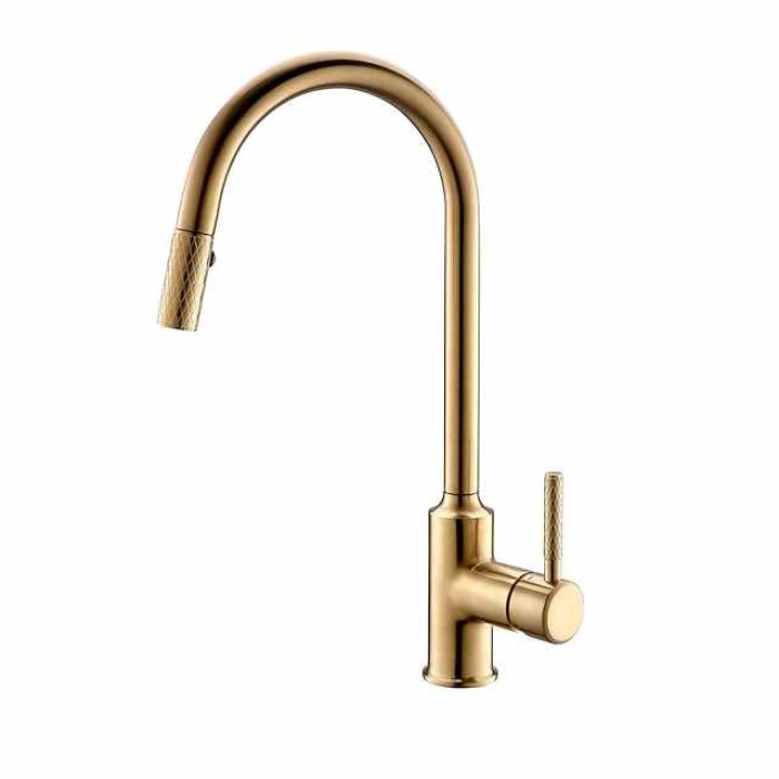 Kitchen Sink Mixer Faucet Pull Out, 360 swivel Single Lever Handle Brushed Solid Brass Taps Cold Hot Hose, One Hole with Pull Down Sprayer Black Gold Faucets