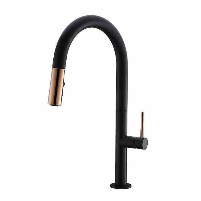 Kitchen Faucet,Rotatable Pull-out/­Pull-down Brass High Arc Brushed/Painted Finishes Single Handle One Hole Kitchen Taps with Hot and Cold Switch