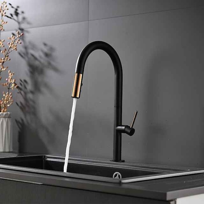 Kitchen Faucet,Rotatable Pull-out/­Pull-down Brass High Arc Brushed/Painted Finishes Single Handle One Hole Kitchen Taps with Hot and Cold Switch