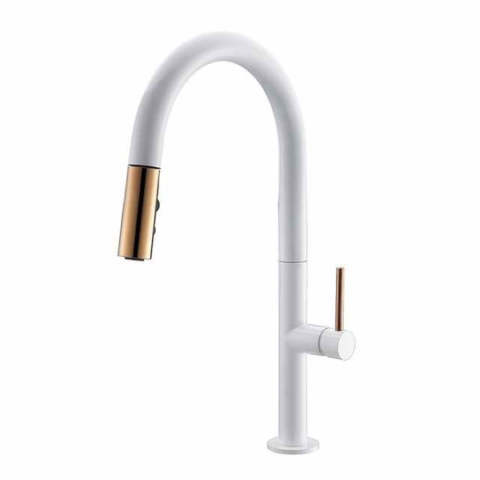 Kitchen Faucet,Rotatable Pull-out/­Pull-down Brass High Arc Brushed/Painted Finishes Single Handle One Hole Kitchen Taps with Hot and Cold Switch