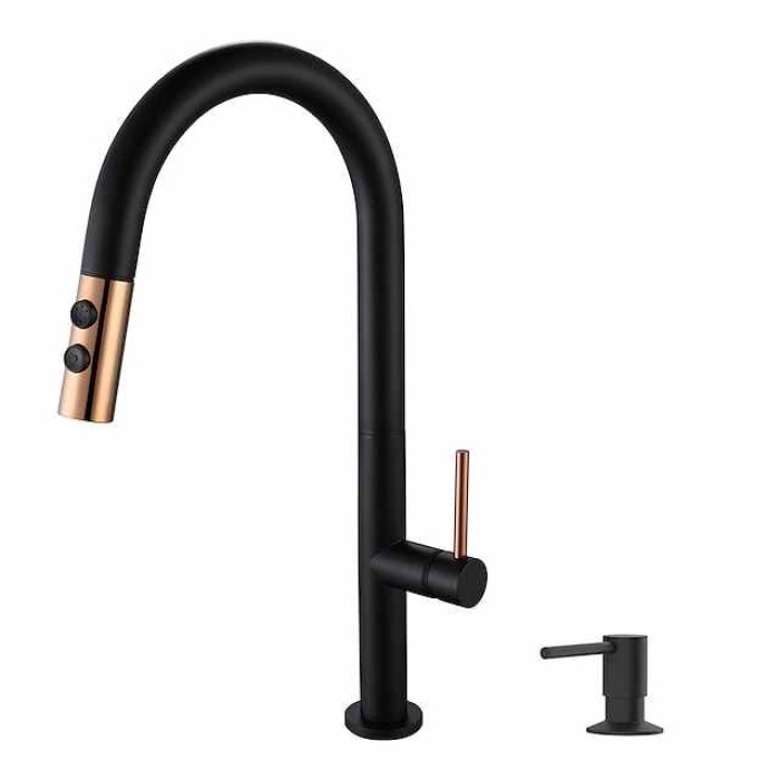 Kitchen Faucet,Rotatable Pull-out/­Pull-down Brass High Arc Brushed/Painted Finishes Single Handle One Hole Kitchen Taps with Hot and Cold Switch