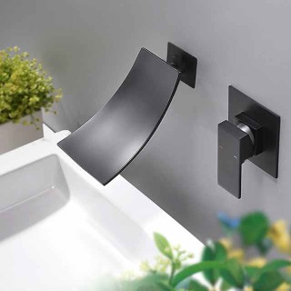 Wall Mount Bathroom Sink Mixer Faucet Matte Black, Concealed Washroom Basin Taps Waterfall Spout Single Handle 2 Hole,  Rough in Valve Mixer Bathtub Taps