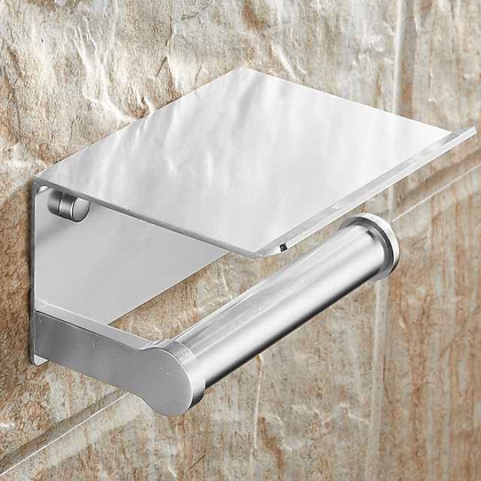 Toilet Paper Holder With Shelf Alumium Alloy Creative Modern Aluminum 1pc Wall Mounted for Mobile Phone Storage Dispenser Stand