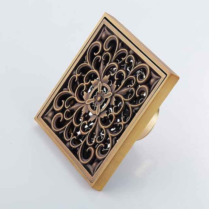 10cm Brass Bathroom Floor Drain, Art Carved Flower Pattern Square Shower Sink Drain Strainer Cover Grate Drain with Removable Cover for Hotel Home