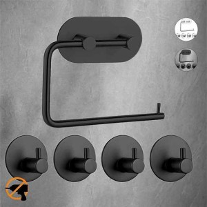 Self Adhesive Toilet Paper Holder and 4pcs Robe Hooks Stainless Steel Contemporary Bathroom Accessory Set Wall Mounted