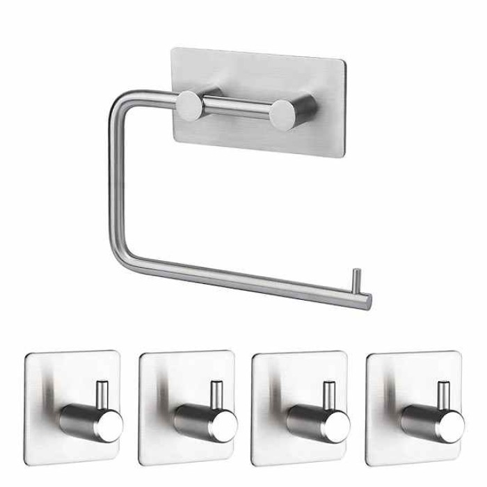 Bathroom Accessories Set Stainless Steel Include Multifunction Paper Holder and Robe Hooks 4pcs Punched-free Matte Black and Brushed Silvery with 3M Strong Viscosity Adhesive