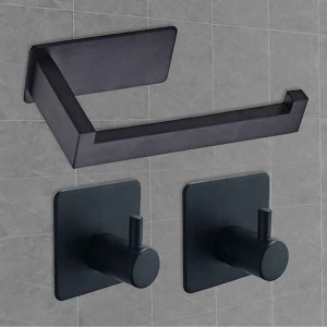 Toilet Paper Holder and 2 Wall Hooks Sets,No Drilling Self-Adhesive Toilet Roll Holder&Robe Hooks Stainless Steel Toilet Roll Holder Toilet Roll Holder Paper Holder for Kitchen and Bathroom Black