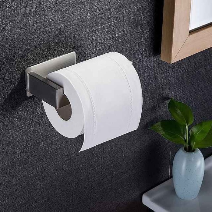 Toilet Paper Holder and 2 Wall Hooks Sets,No Drilling Self-Adhesive Toilet Roll Holder&Robe Hooks Stainless Steel Toilet Roll Holder Toilet Roll Holder Paper Holder for Kitchen and Bathroom Black