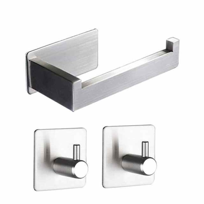 Toilet Paper Holder and 2 Wall Hooks Sets,No Drilling Self-Adhesive Toilet Roll Holder&Robe Hooks Stainless Steel Toilet Roll Holder Toilet Roll Holder Paper Holder for Kitchen and Bathroom Black