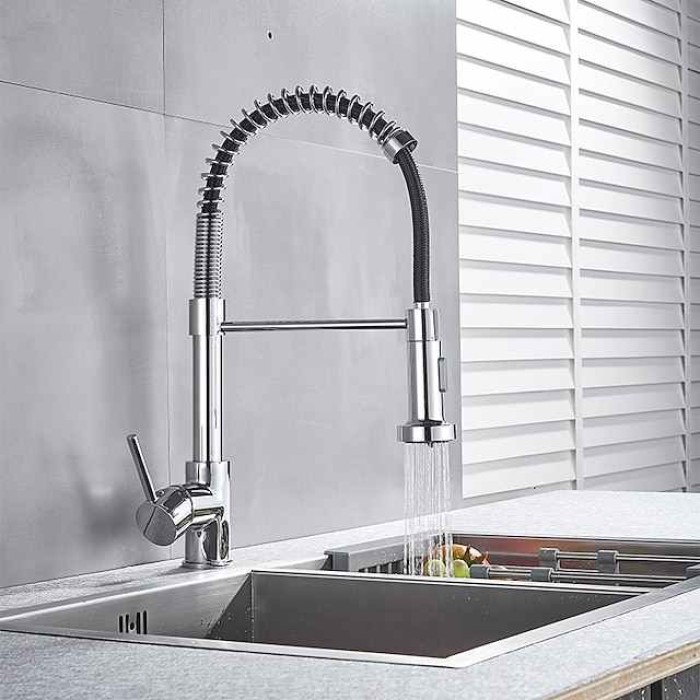 Kitchen Sink Mixer Faucet with Pull Down Sprayer, 360 swivel High Arc Single Handle Spring Kitchen Taps Deck Mounted, One Hole Brass Kitchen Sink Faucet Centerset Water Taps