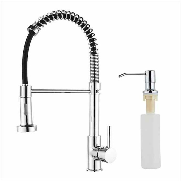 Kitchen Sink Mixer Faucet with Pull Down Sprayer, 360 swivel High Arc Single Handle Spring Kitchen Taps Deck Mounted, One Hole Brass Kitchen Sink Faucet Centerset Water Taps