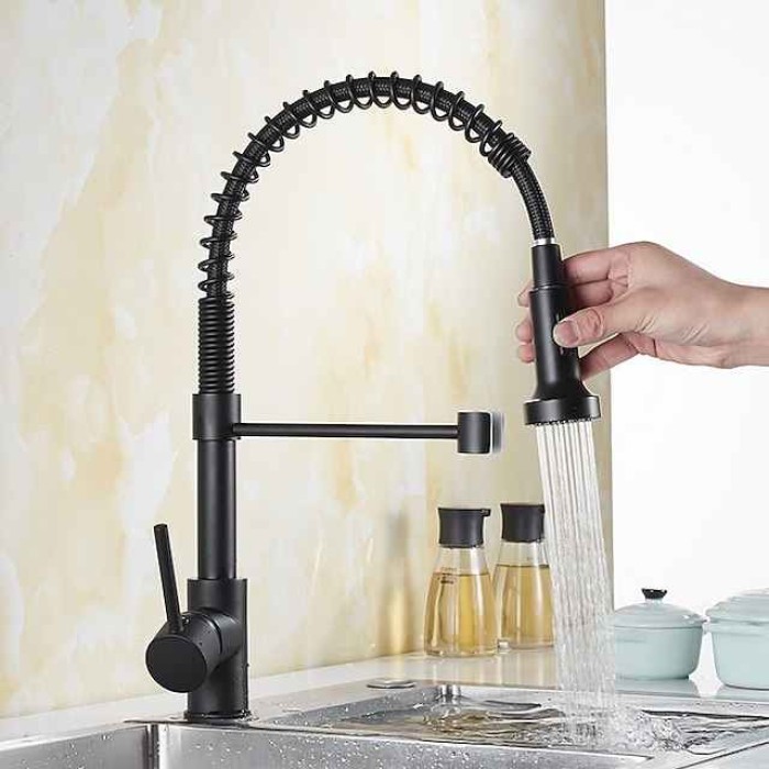 Kitchen Sink Mixer Faucet with Pull Down Sprayer, 360 swivel High Arc Single Handle Spring Kitchen Taps Deck Mounted, One Hole Brass Kitchen Sink Faucet Centerset Water Taps