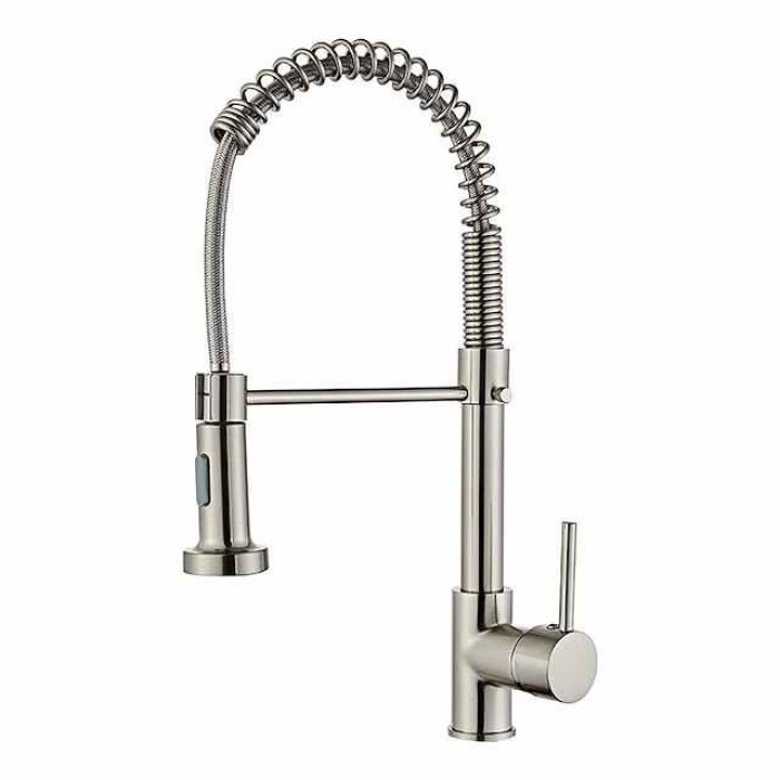 Kitchen Sink Mixer Faucet with Pull Down Sprayer, 360 swivel High Arc Single Handle Spring Kitchen Taps Deck Mounted, One Hole Brass Kitchen Sink Faucet Centerset Water Taps