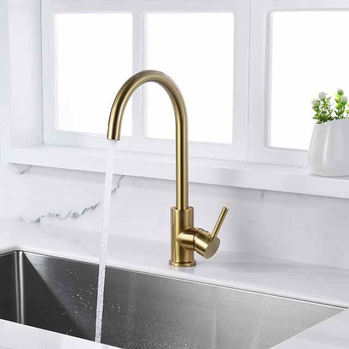 Kitchen Faucet,Single Handle Golden One Hole Rotatable Electroplated Centerset Contemporary Zinc Alloy Handle Kitchen Taps with Hot and Cold Water