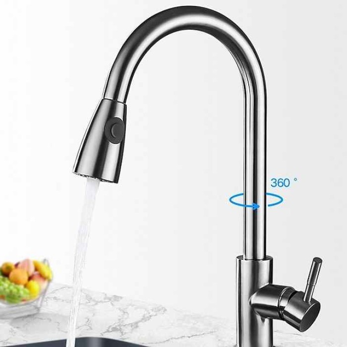 Kitchen Faucet with Pull-out Sprayer,Brushed Nickell Rotatable 304 Stainless Steel High Arc Single Handle One Hole Kitchen Taps