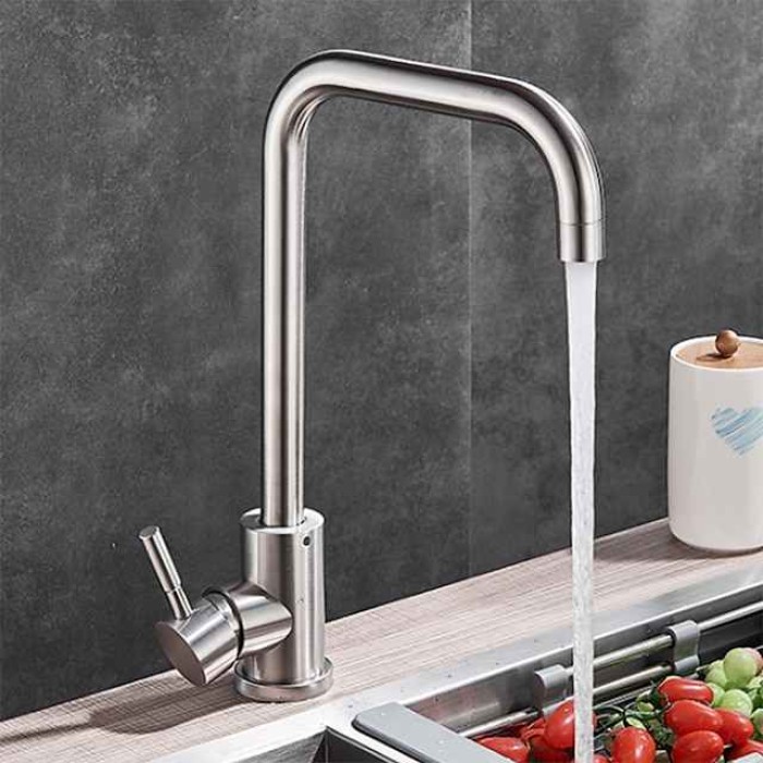 Stainless Steel Kitchen Sink Mixer Faucet, 360 Swivel Single Handle Kitchen Taps Deck Mounted, with Hot and Cold Water Hose Vessel Taps