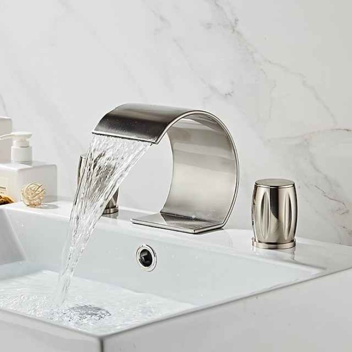 Widespread Bathroom Sink Mixer Faucet, Waterfall Arc Spout Brass 3 Hole 2 Handle Basin Tap Deck Mounted, Washroom Basin Vessel Water Tap with Hot and Cold Hose