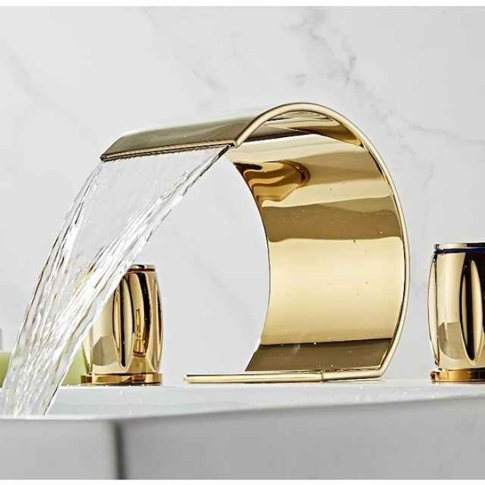 Widespread Bathroom Sink Mixer Faucet, Waterfall Arc Spout Brass 3 Hole 2 Handle Basin Tap Deck Mounted, Washroom Basin Vessel Water Tap with Hot and Cold Hose